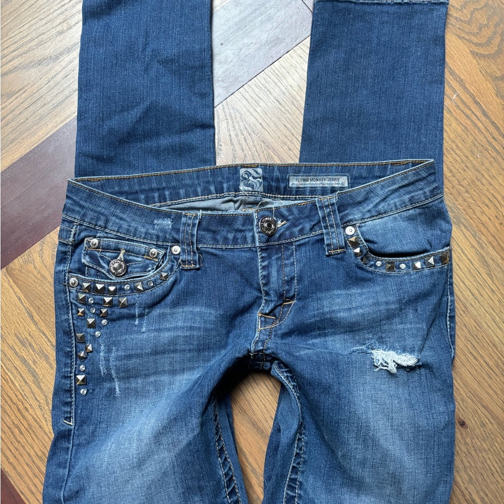 Flying Monkey Studded Dark Blue Skinny Jeans Distressed. Size 30 waist